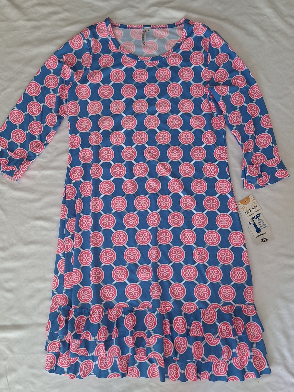 Lulu-B Blue Pink Sun Protect UPF 50+ 3/4 Sleeve Dress Womens XS